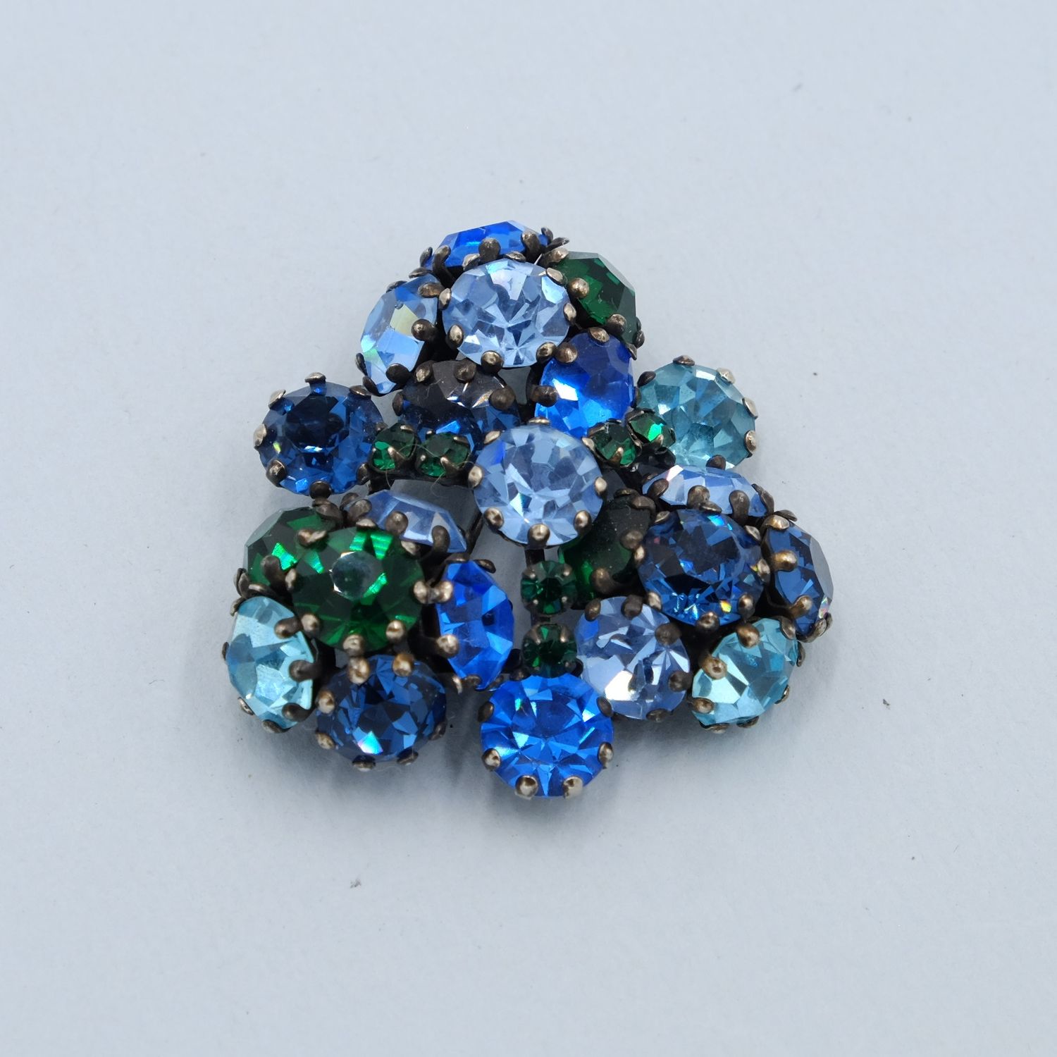 Vintage Dimensional Blue Green Rhinestone Brooch 1950s