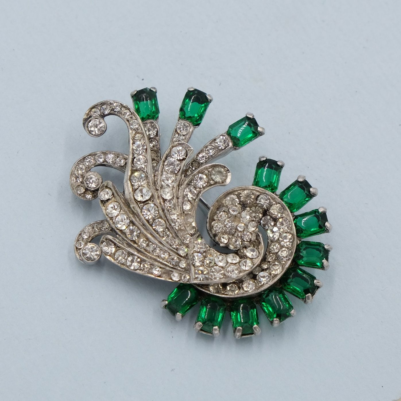 Vintage Sterling Green Rhinestones Brooch 1940s