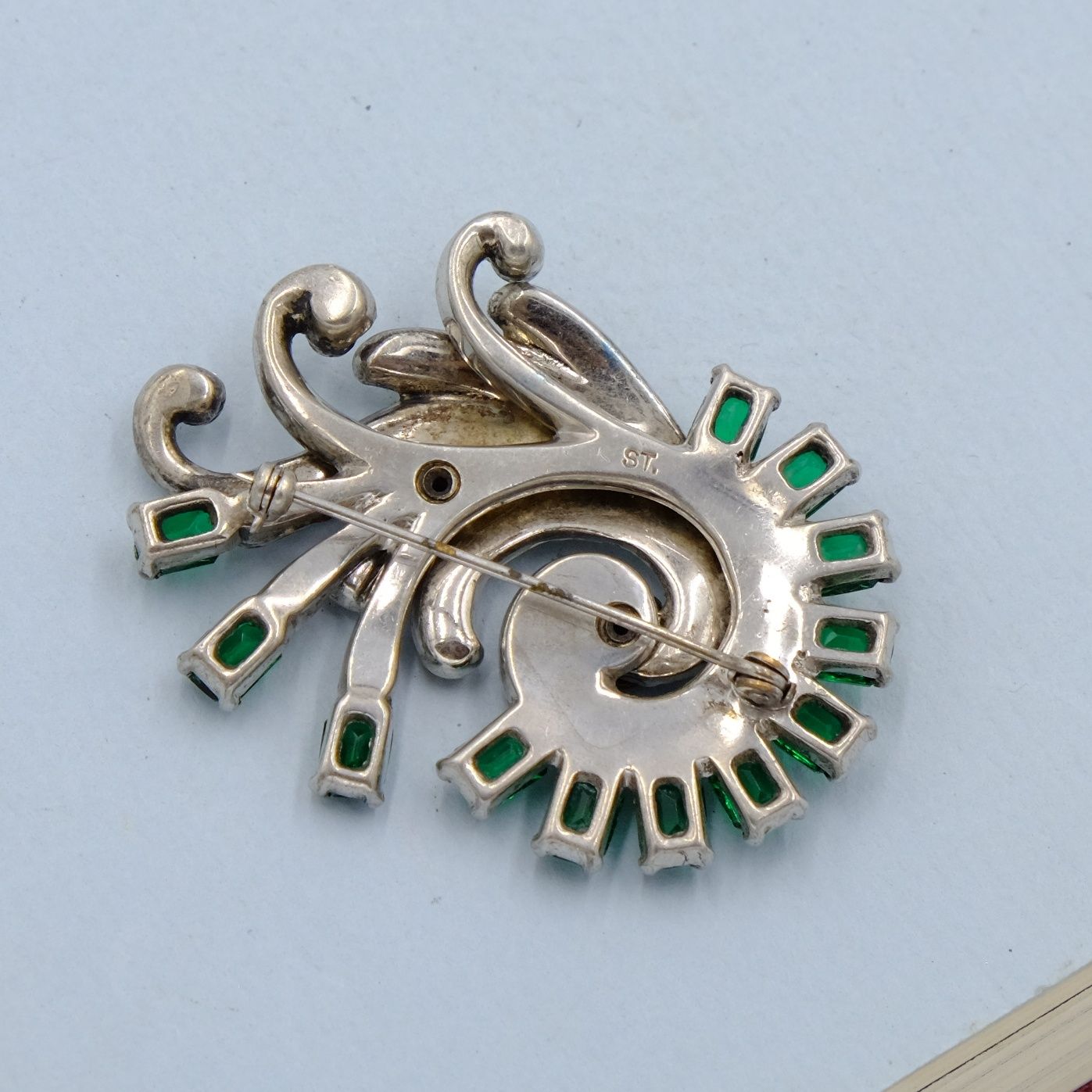 Vintage Sterling Green Rhinestones Brooch 1940s