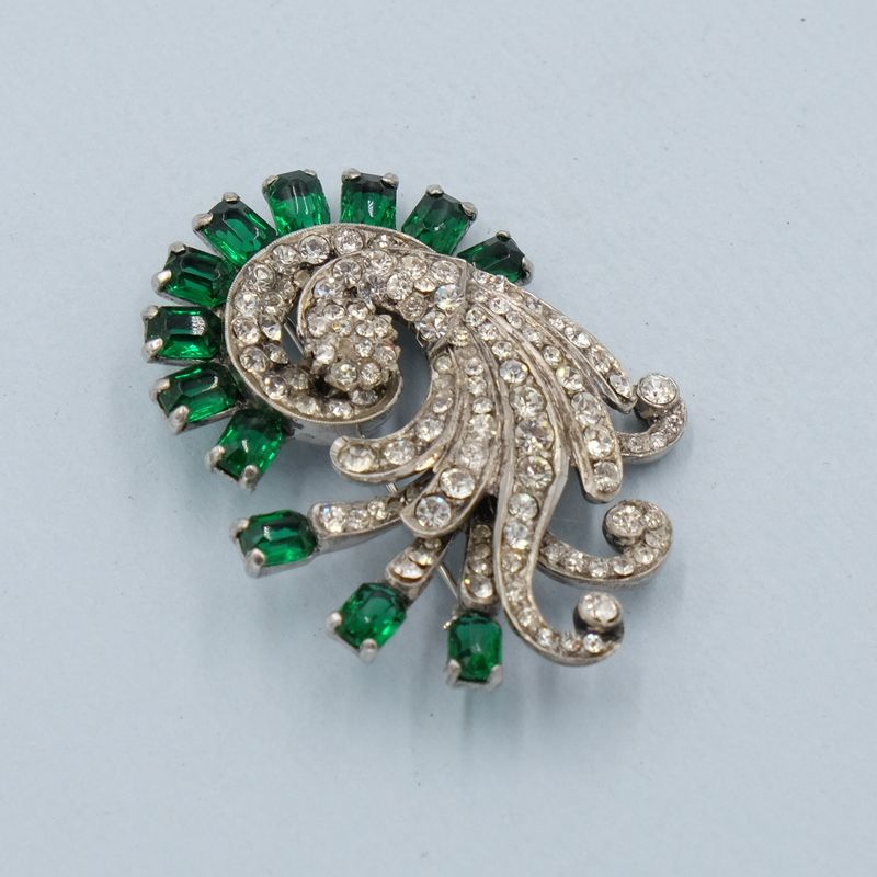 Vintage Sterling Green Rhinestones Brooch 1940s