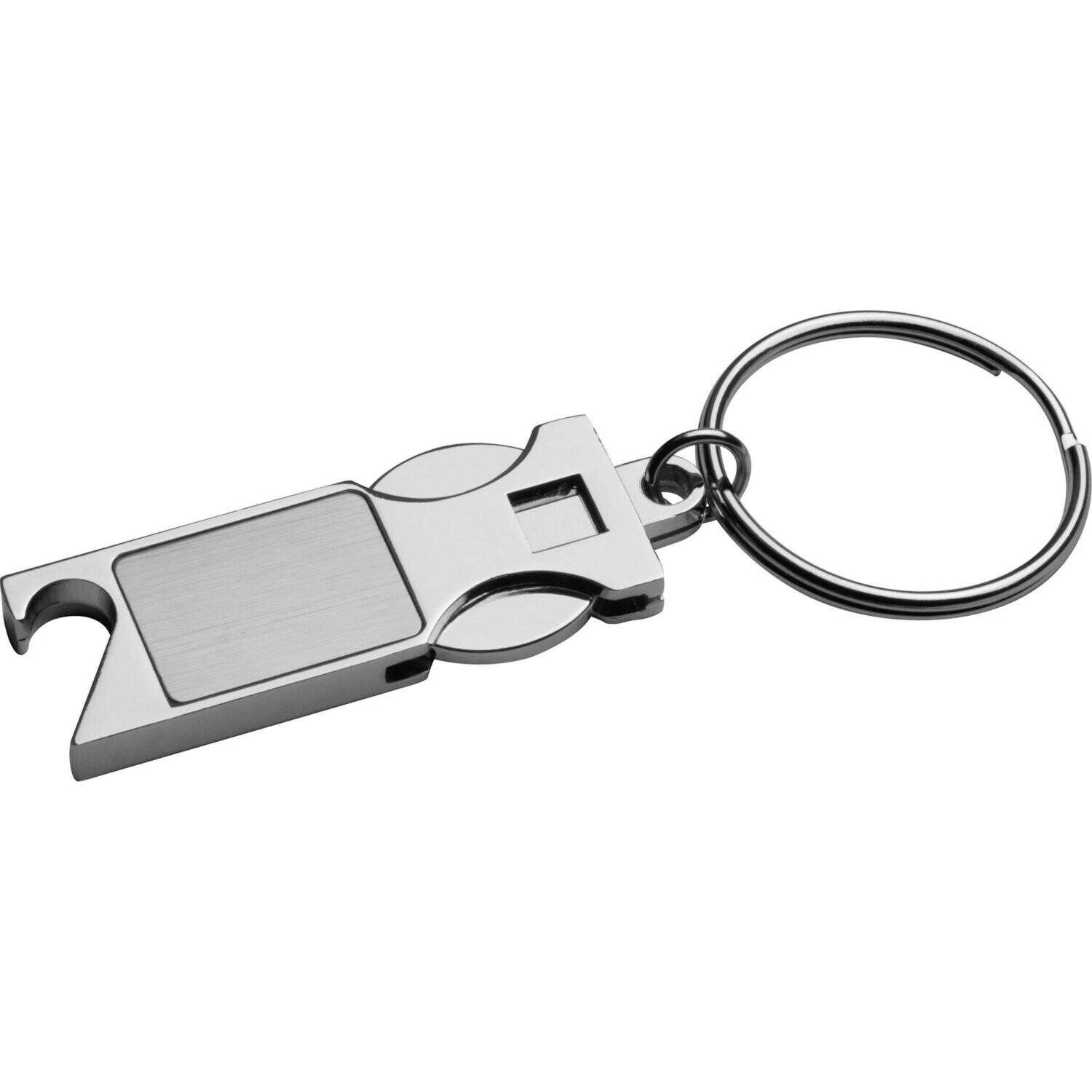 Schlüsselanhänger aus Metall mit Chip und Flaschenöffner
