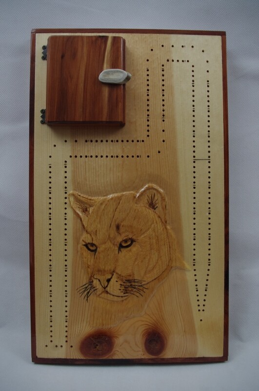 Carved Cougar Cribbage Board