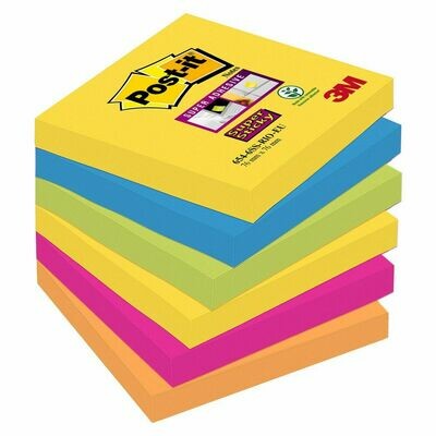 Post-it® Bloc de notas adhesivas Super Sticky 76 x 76 mm en colores surtidos intensos y neón, paquete de 6, 90 hojas