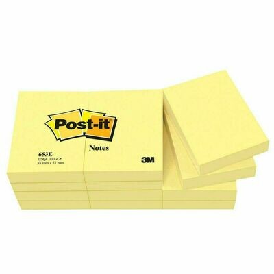 Post-it® 653 Notas Adhesivas Bloques 38 x 51 mm, Amarillo, 1 Bloque, 100 hojas