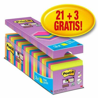 Post-it® Super Sticky Bloc de notas, 76 x 76 mm, colores variados, paquete de 24