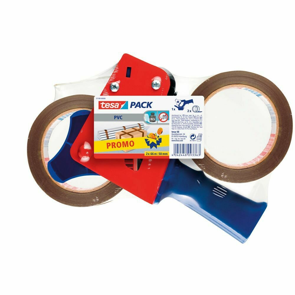 tesa® tesapack® Cinta de embalaje con dispensador de mano azul y rojo y 2 rollos