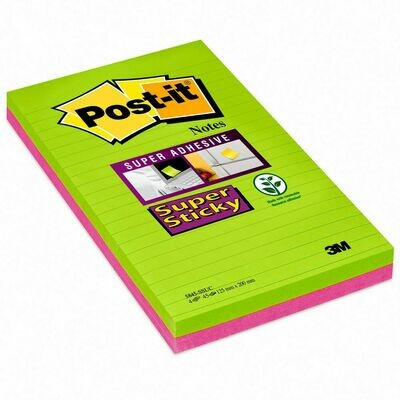 Post-it® Super Sticky Notas Adhesivas Rayadas, 125 x 200 mm, Colores Surtidos, 4
