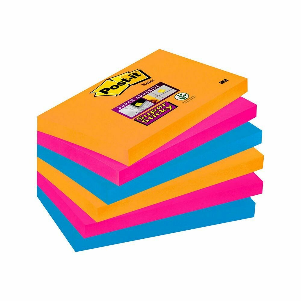 Post-it® Super Sticky Notas Adhesivas Bloques 76 x 127 mm, colores Surtidos, 6 B