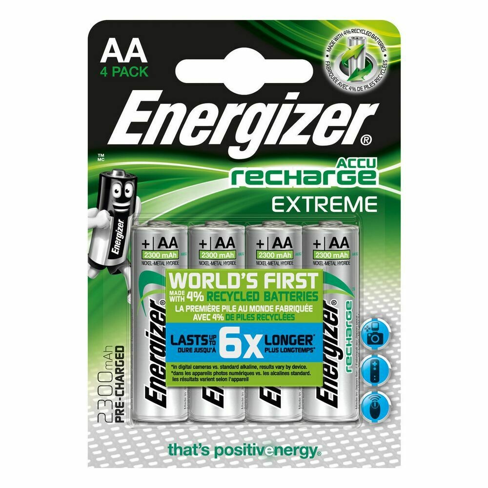 Energizer Recharge Extreme Pilas precargadas AA/NH15, 2300 mAh, recargables, blíster de 4