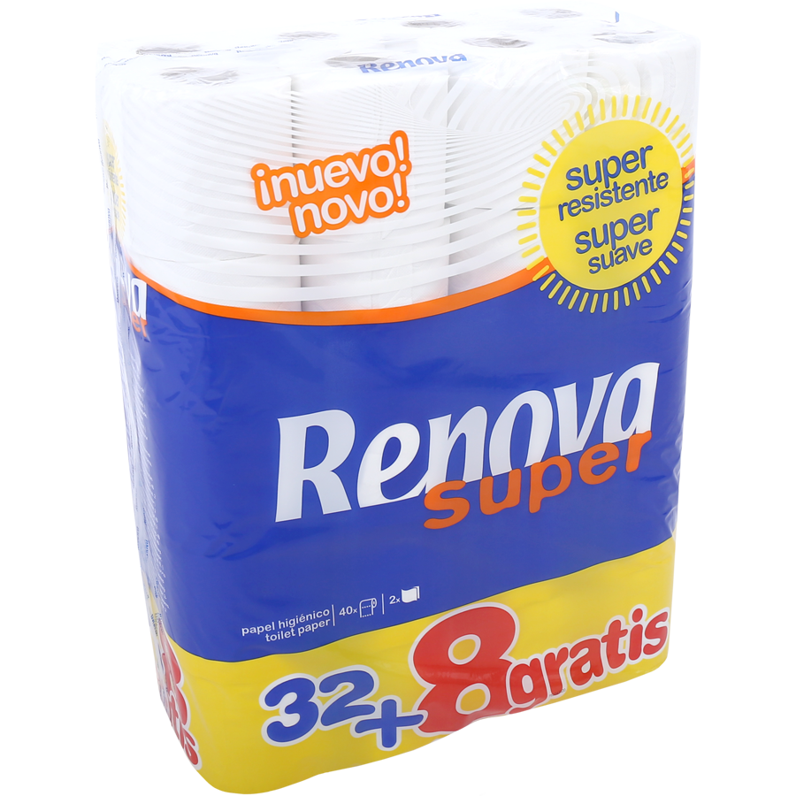 HOJA DOBLE SUPER BLANCA RENOVA PAPEL 32 + 8 ROLLOS