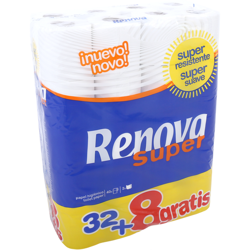 HOJA DOBLE SUPER BLANCA RENOVA PAPEL 32 + 8 ROLLOS
