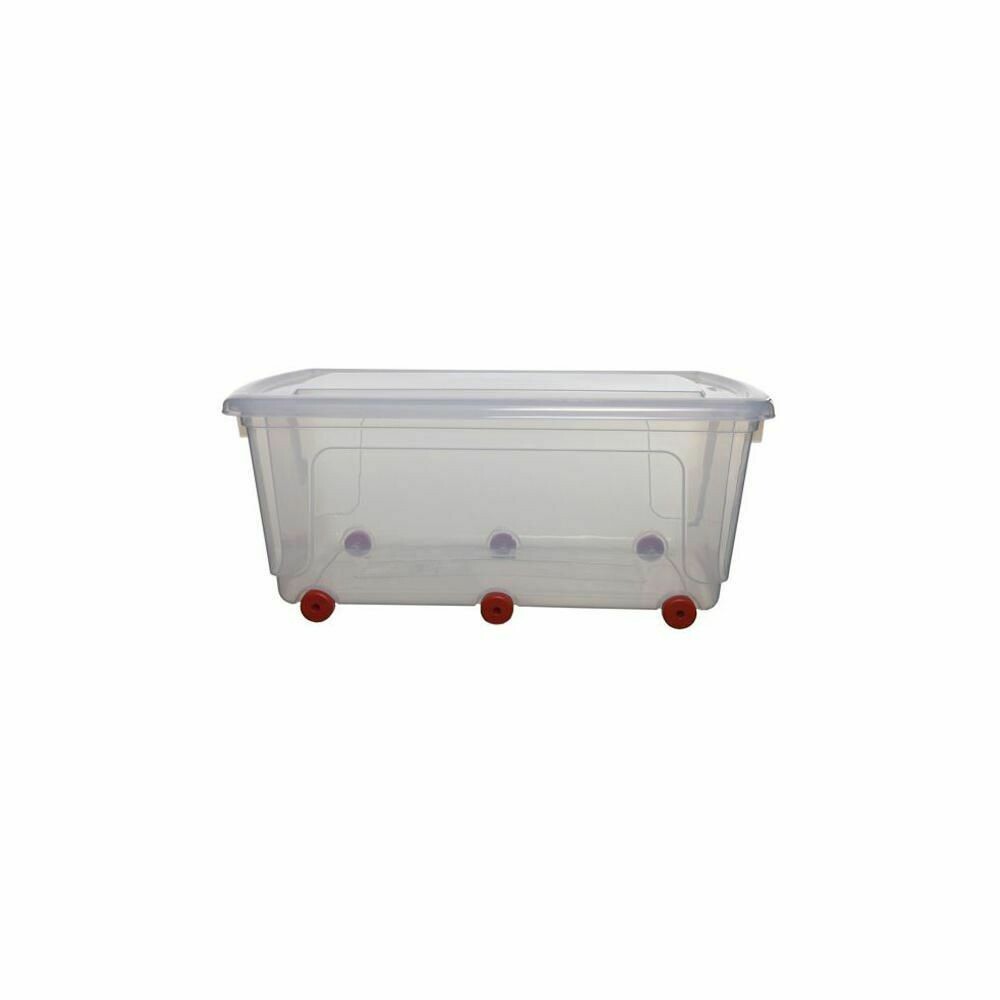 Caja de almacenamiento de plástico con ruedas y tapa apilable transparente 70 l