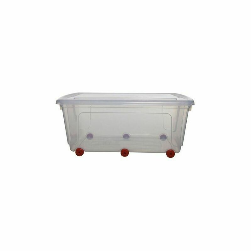Caja de almacenamiento de plástico con ruedas y tapa apilable transparente 70 l