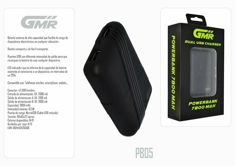 Batería Powerbank 7800mAh Dual USB Salida 5V 2.1A/1A LED Indicador de Capacidad4