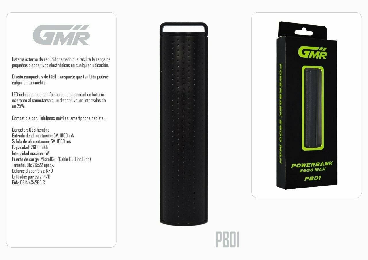 Batería Powerbank 2600mAh USB 5V 1A LED de Capacidad