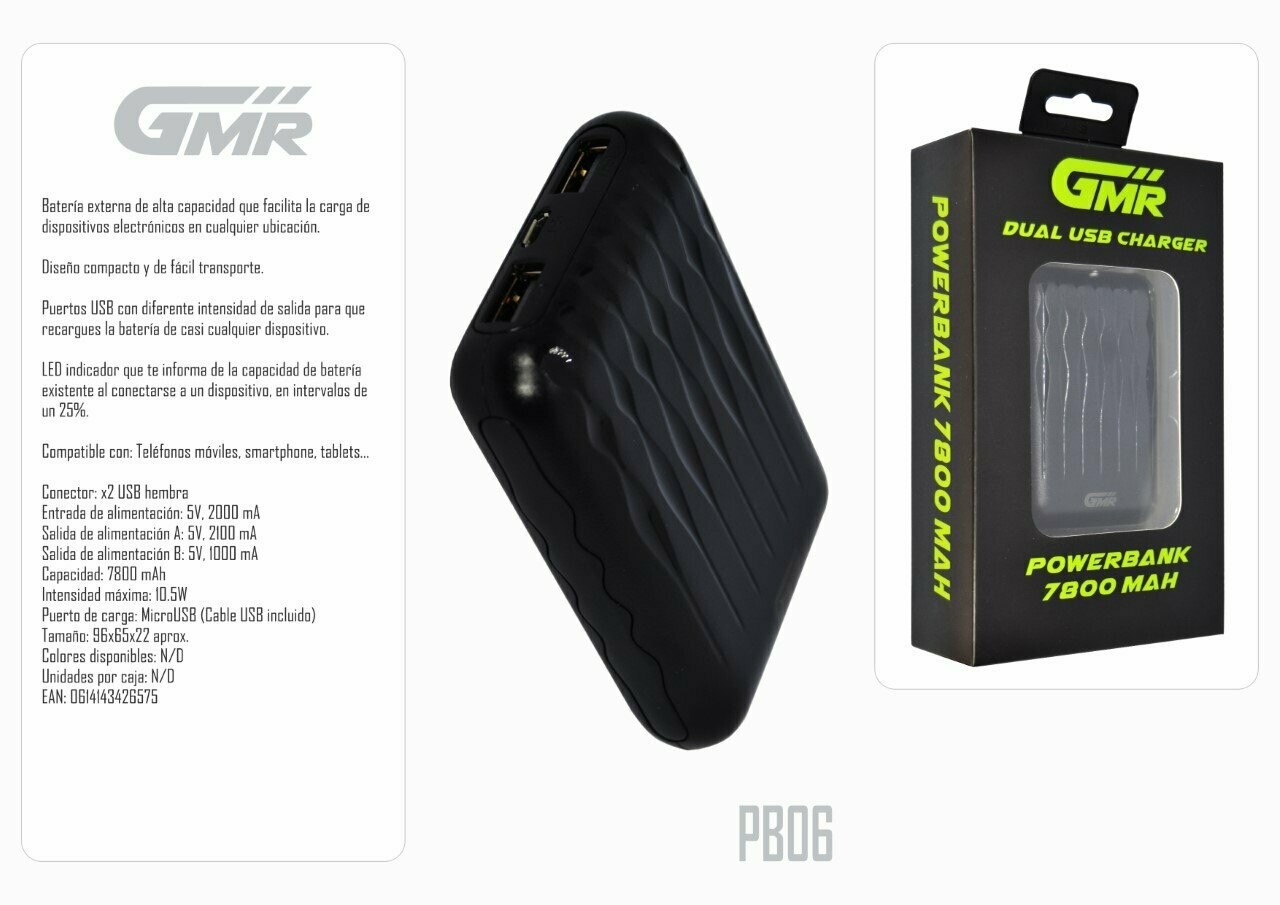 Batería Powerbank 7800mAh Dual USB Salida 5V 2.1A/1A LED Indicador de Capacidad