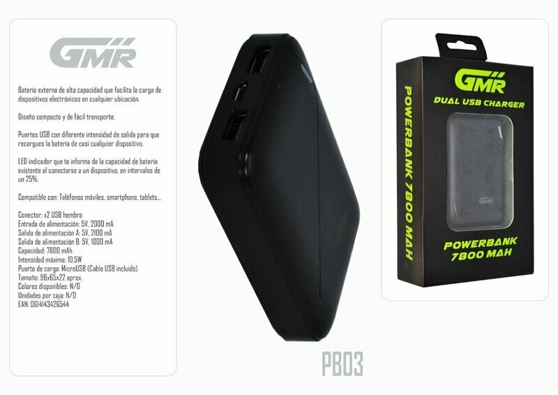 Batería Powerbank 7800mAh Dual USB Salida 5V 2.1A/1A LED Indicador de Capacidad2