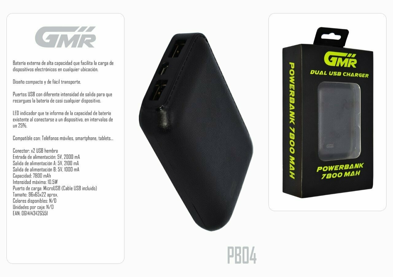 Batería Powerbank 7800mAh Dual USB Salida 5V 2.1A/1A LED Indicador de Capacidad3