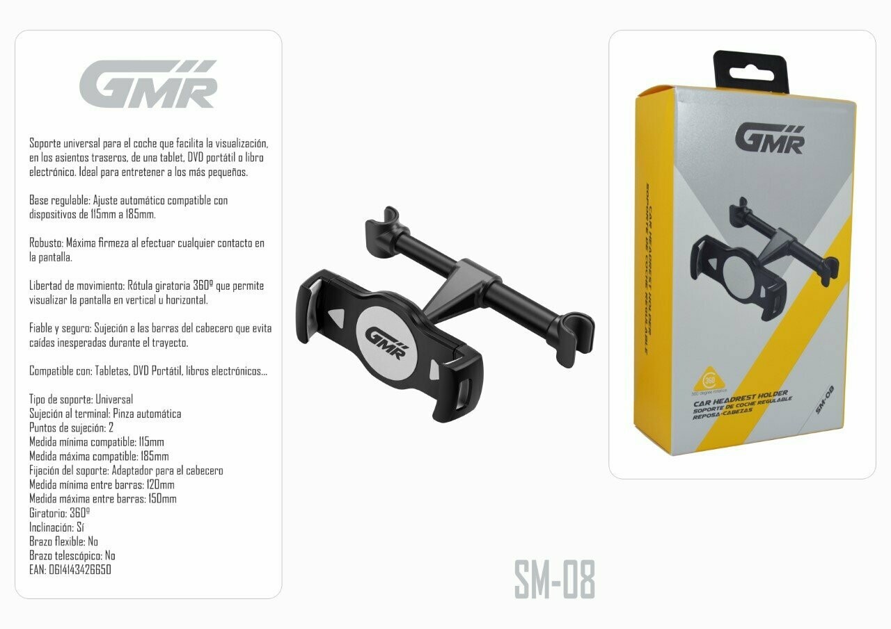 Soporte de Coche Regulable para Tablet Giratorio 360º Sujeción al Reposacabezas