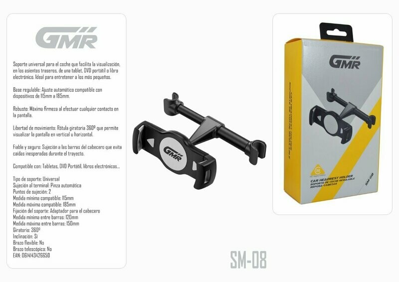 Soporte de Coche Regulable para Tablet Giratorio 360º Sujeción al Reposacabezas