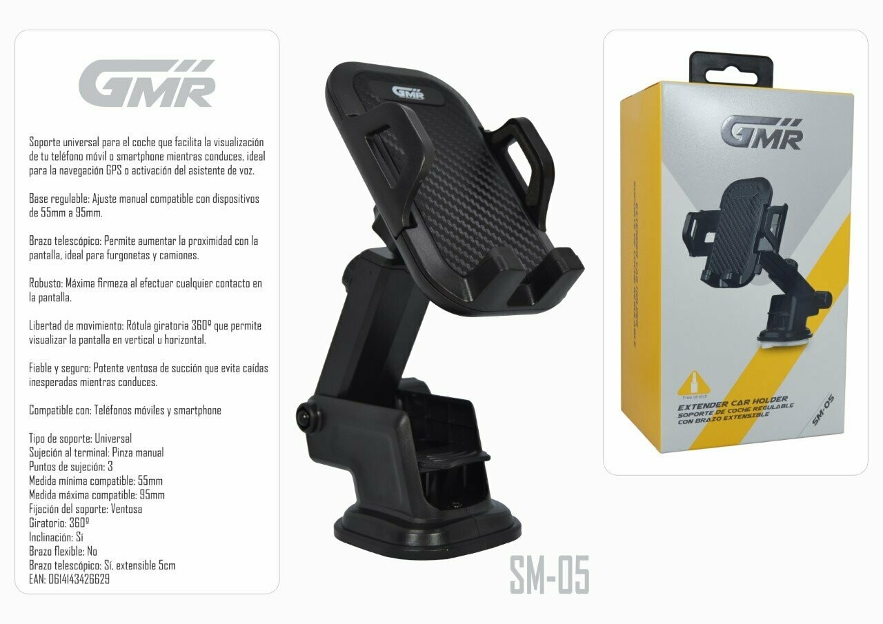 Soporte de Coche Extensible para Smartphone Giro 360º Sujeción Ventosa de Succión