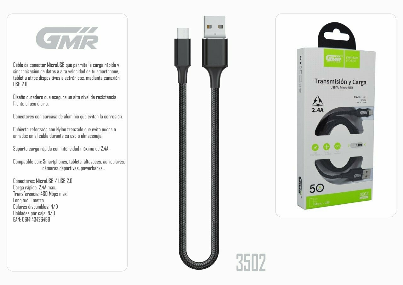 Cable MicroUSB Carga Rápida 2.4A 100cm Nylon Trenzado