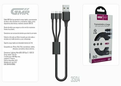 Cable USB 3 en 1 Carga Rápida Lightning, MicroUSB, Tipo-C 2.4A 120cm Nylon Trenzado