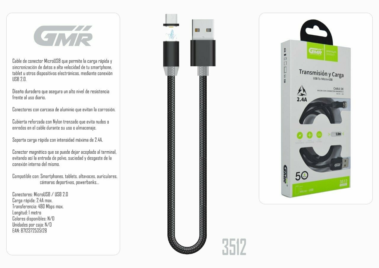 Cable MicroUSB Carga Rápida 2.4A 100cm Nylon Trenzado Conector Magnético Extraíble