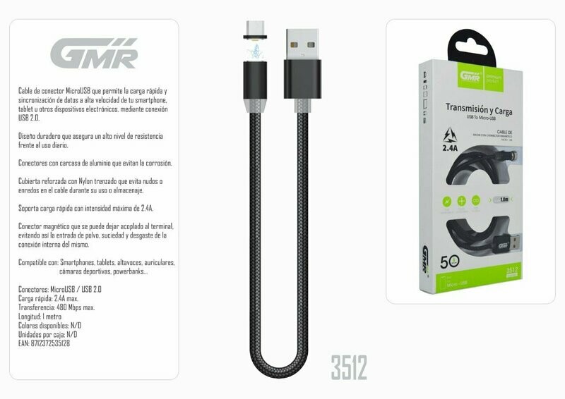 Cable MicroUSB Carga Rápida 2.4A 100cm Nylon Trenzado Conector Magnético Extraíble