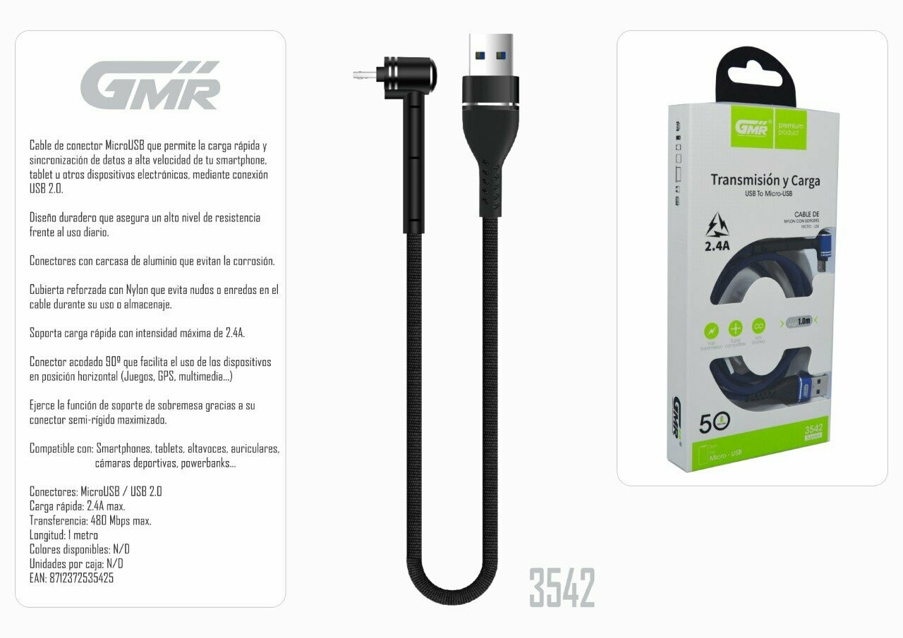 Cable MicroUSB Carga Rápida 2.4A 100cm Nylon Trenzado Conector Soporte Sobremesa