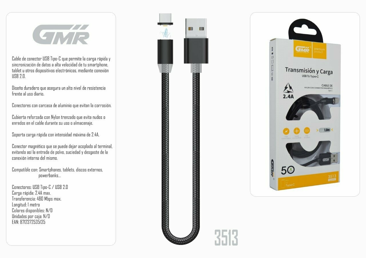 Cable USB-C Carga Rápida 2.4A 100cm Nylon Trenzado Conector Magnético Extraíble