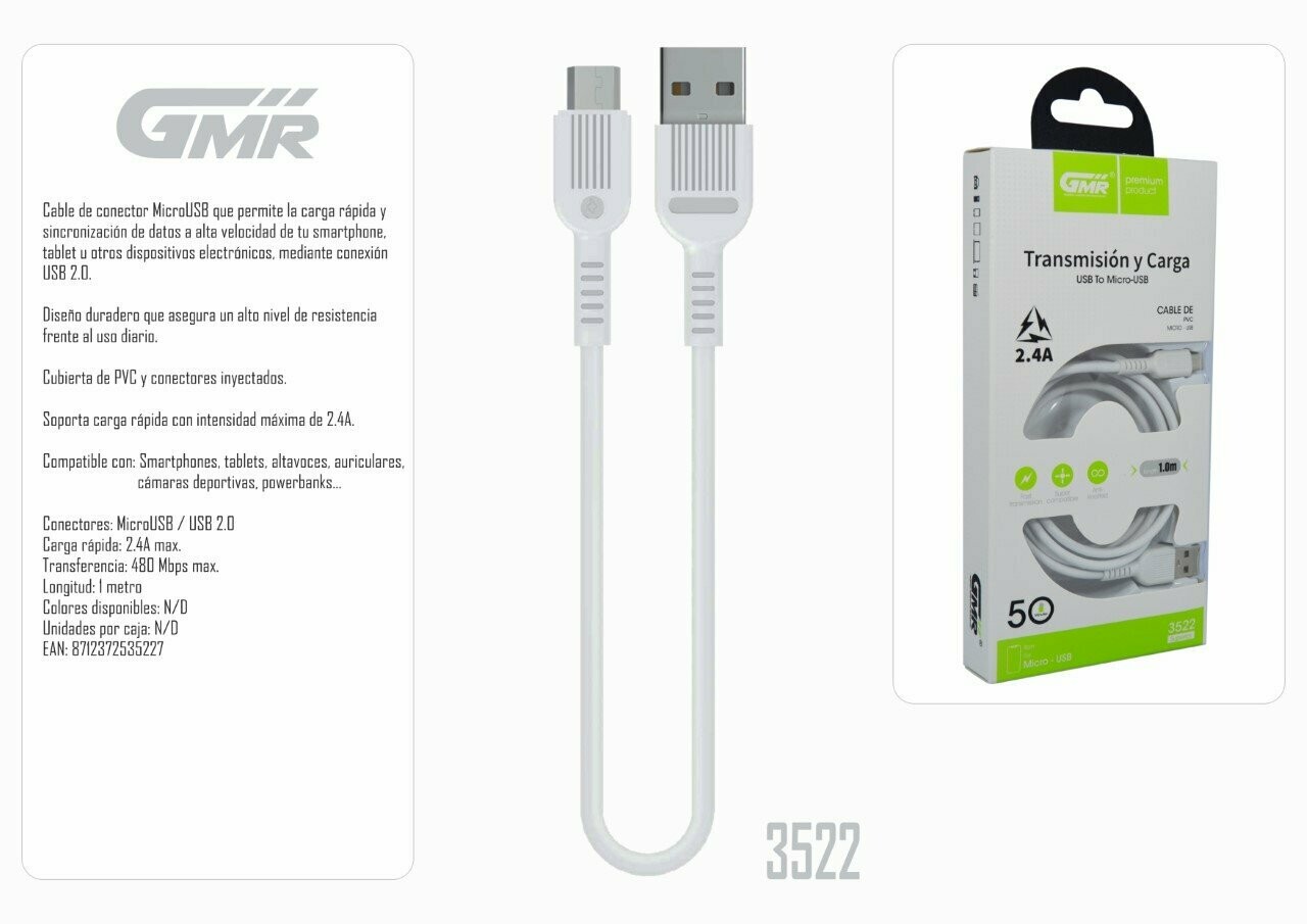 Cable MicroUSB Carga Rápida 2.4A 100cm Cubierta PVC