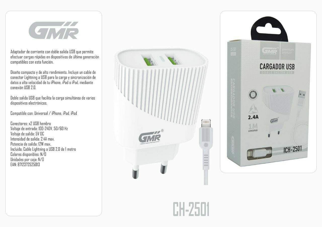 Cargador USB Dual 5V 2.4A 12W Carga Rápida 100V / 240V Cable Lightning 100cm