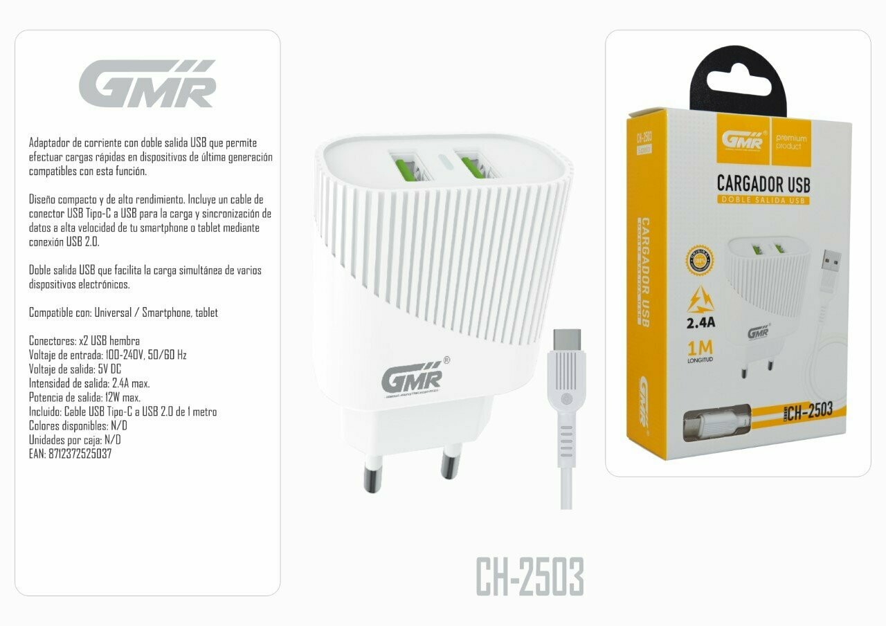 Cargador USB Dual 5V 2.4A 12W Carga Rápida 100V / 240V Cable USB Tipo-C 100cm