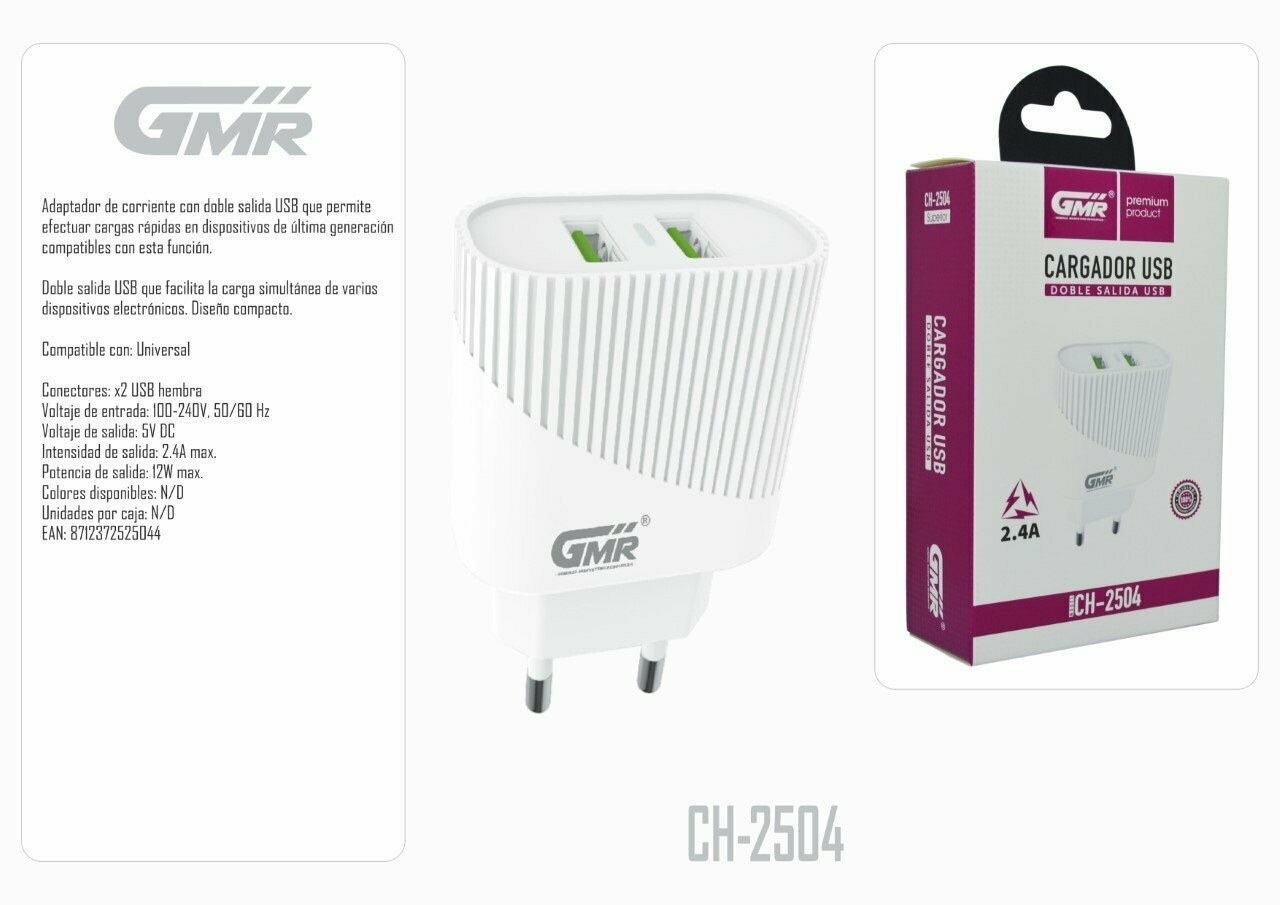 Cargador USB Dual 5V 2.4A 12W Carga Rápida 100V/240V