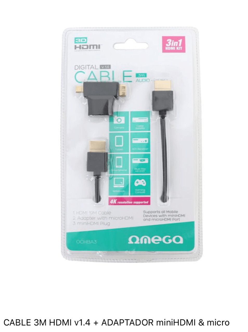 CABLE 3 MT HDMI + MINI ADAPTADOR HDMI Y MICRO