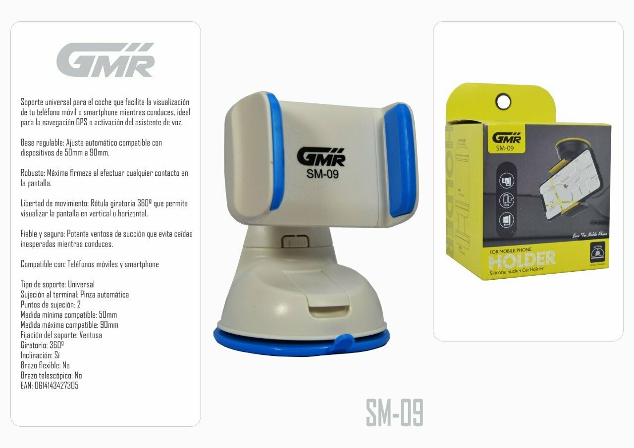 Soporte de Coche Regulable para Smartphone Giro 360º Sujeción Ventosa de Succión