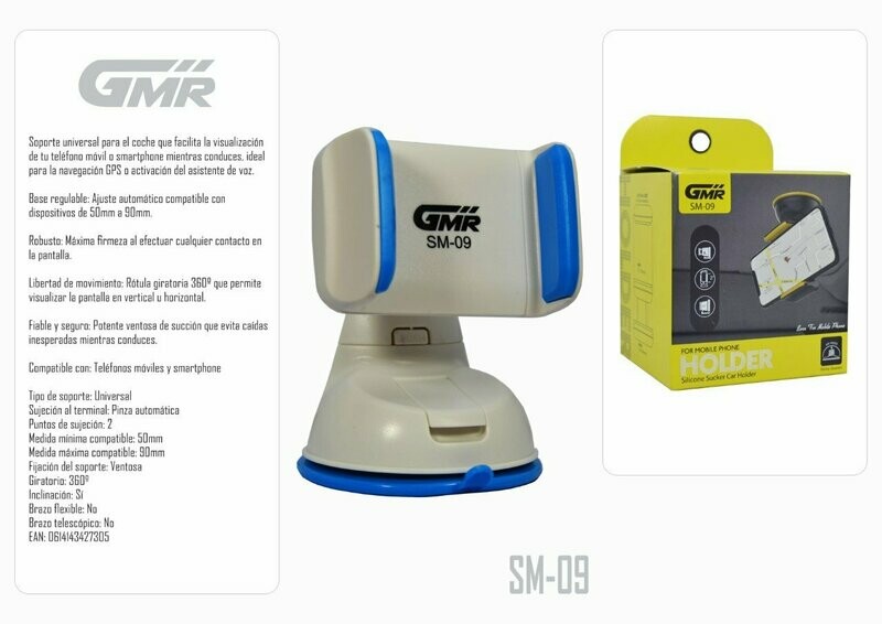 Soporte de Coche Regulable para Smartphone Giro 360º Sujeción Ventosa de Succión