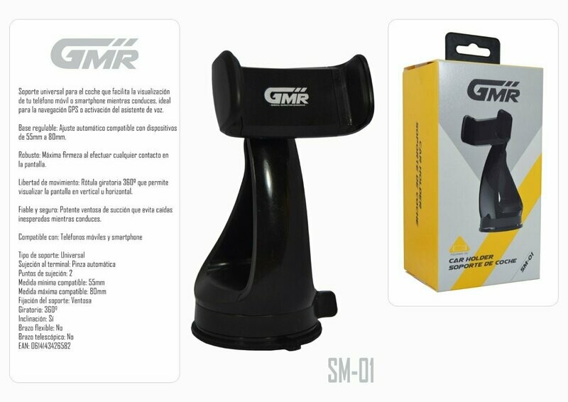 Soporte de Coche Regulable para Smartphone Giro 360º Sujeción Ventosa de Succión