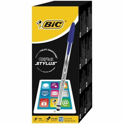 BIC® Cristal Stylus Bolígrafo de punta de bola, punta mediana de 1 mm, cuerpo de plástico translúcido, 2 boligrafos azul