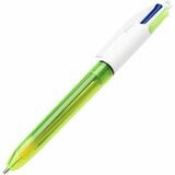 BIC® 4 Colours™ Fluo Bolígrafo retráctil con punta de bola, punta media de 1 mm, cuerpo blanco y verde, colores de tinta variados: Azul, amarillo, rojo y negro