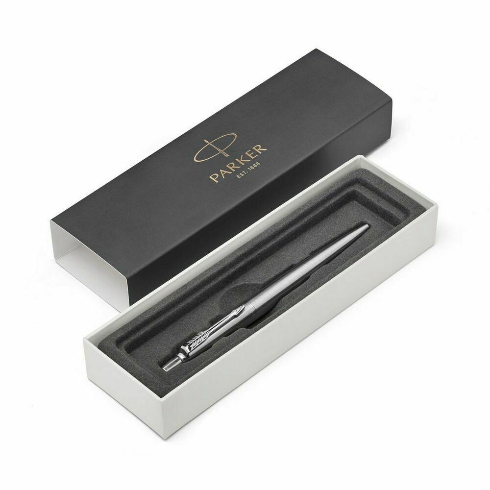 Parker Jotter, Bolígrafo retráctil de punta de bola, punta mediana, clásico cuerpo grabado de acero inoxidable, tinta azul, caja de regalo