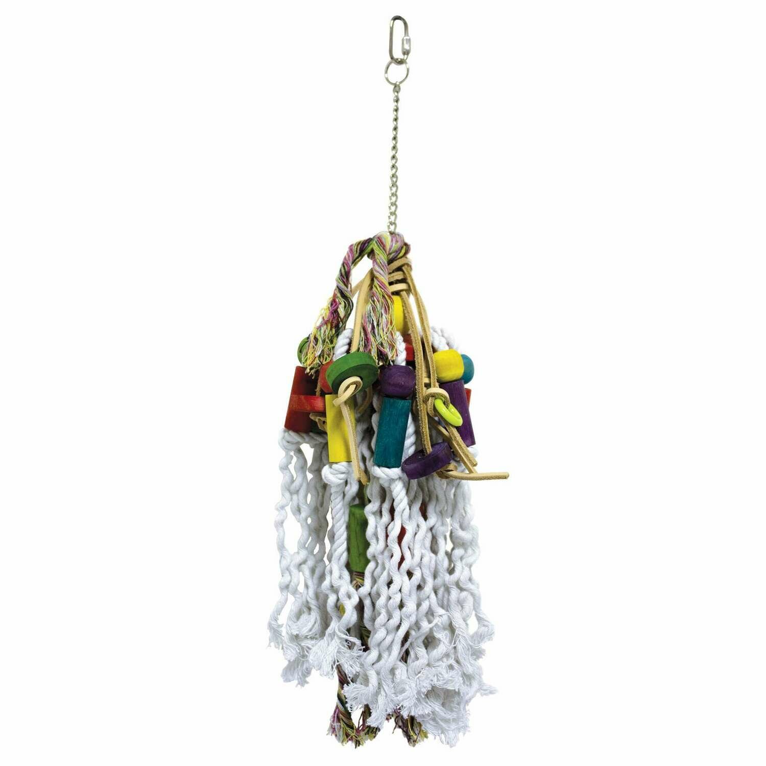 Juguete de madera con cuentas y cuero para pájaros