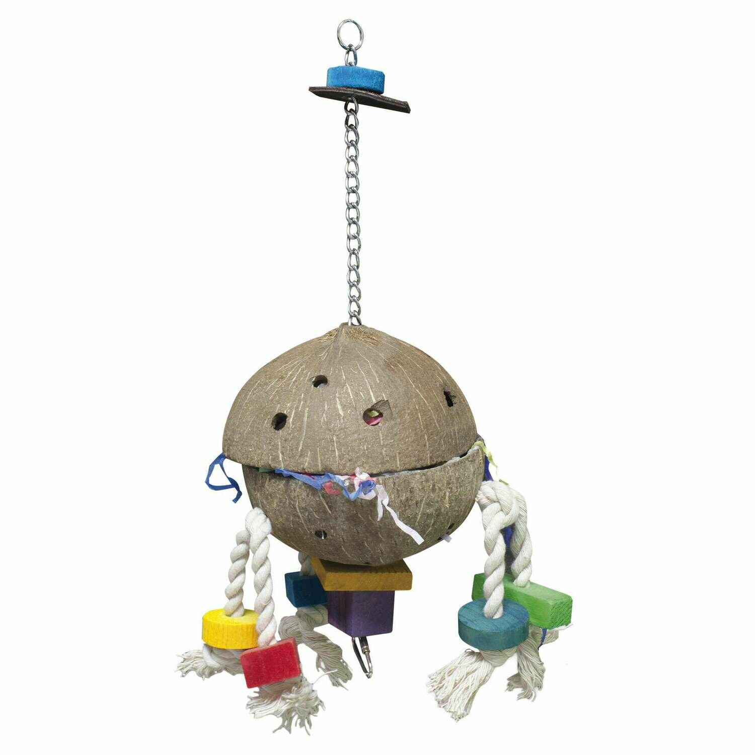 Juguete de madera con coco y confeti para pájaros