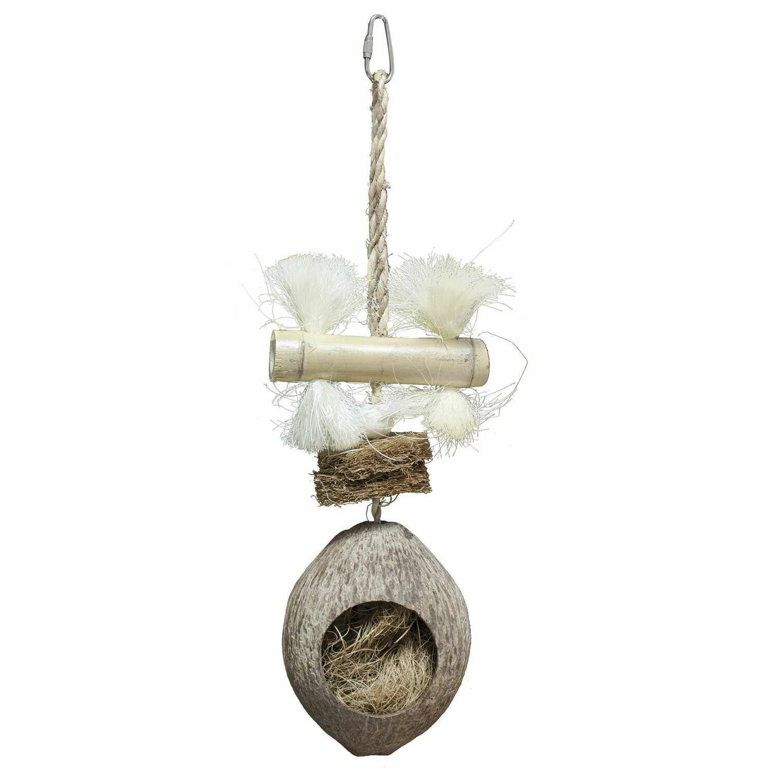 Juguete de madera natural con coco para pájaros