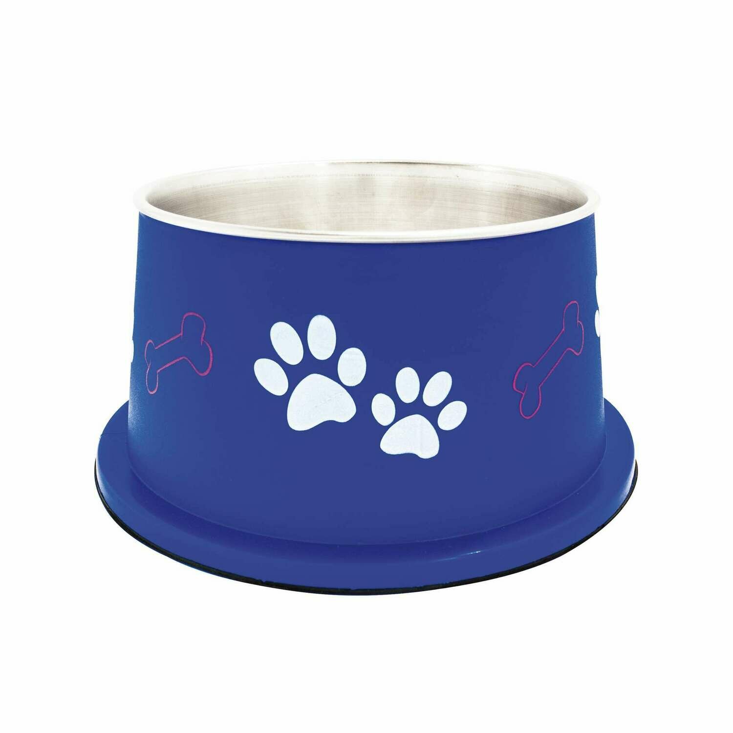 Comedero de acero inoxidable azul con huellas