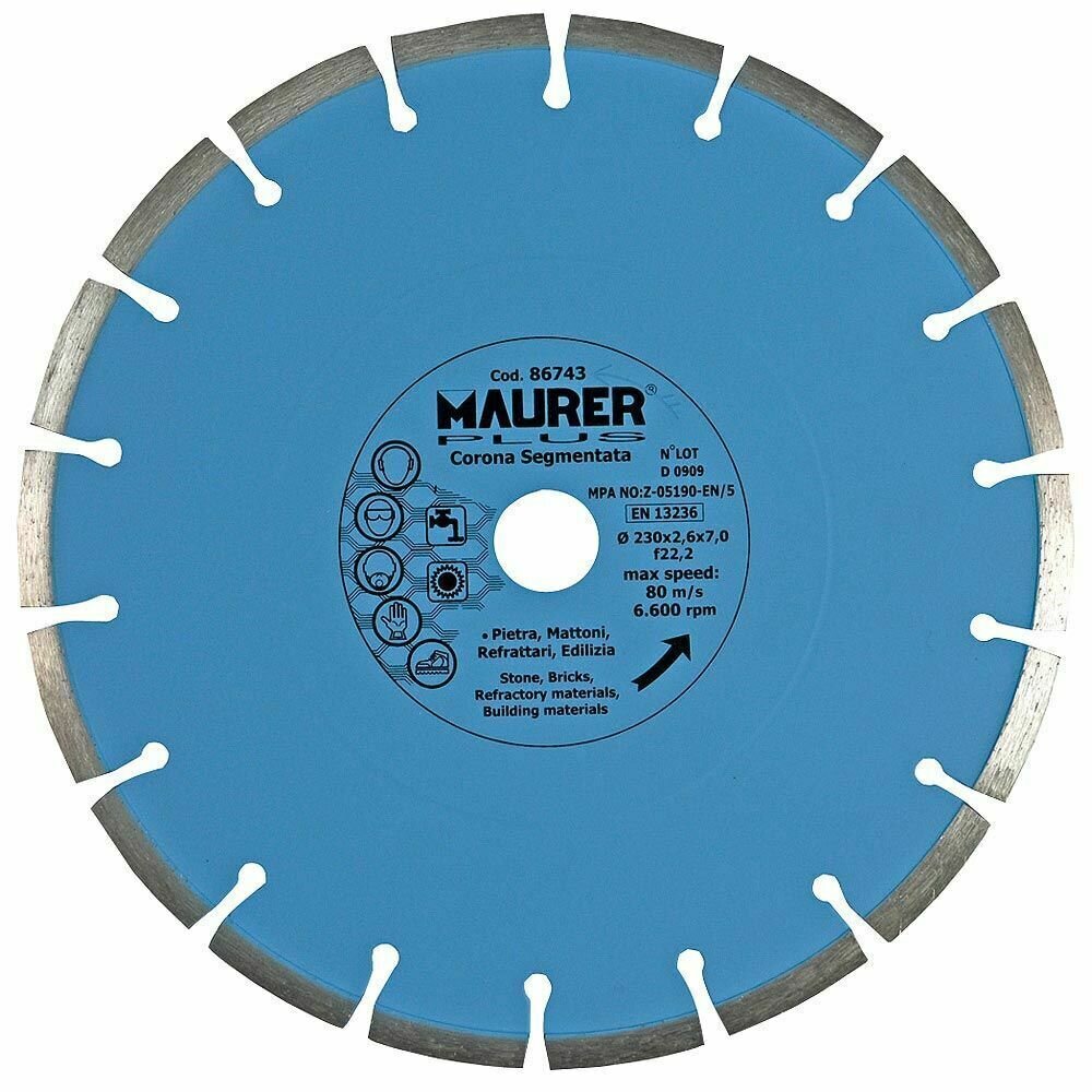 Disco Diamante Maurer Segmentado Piedra, Ladrillo, Refractarios 230 mm.