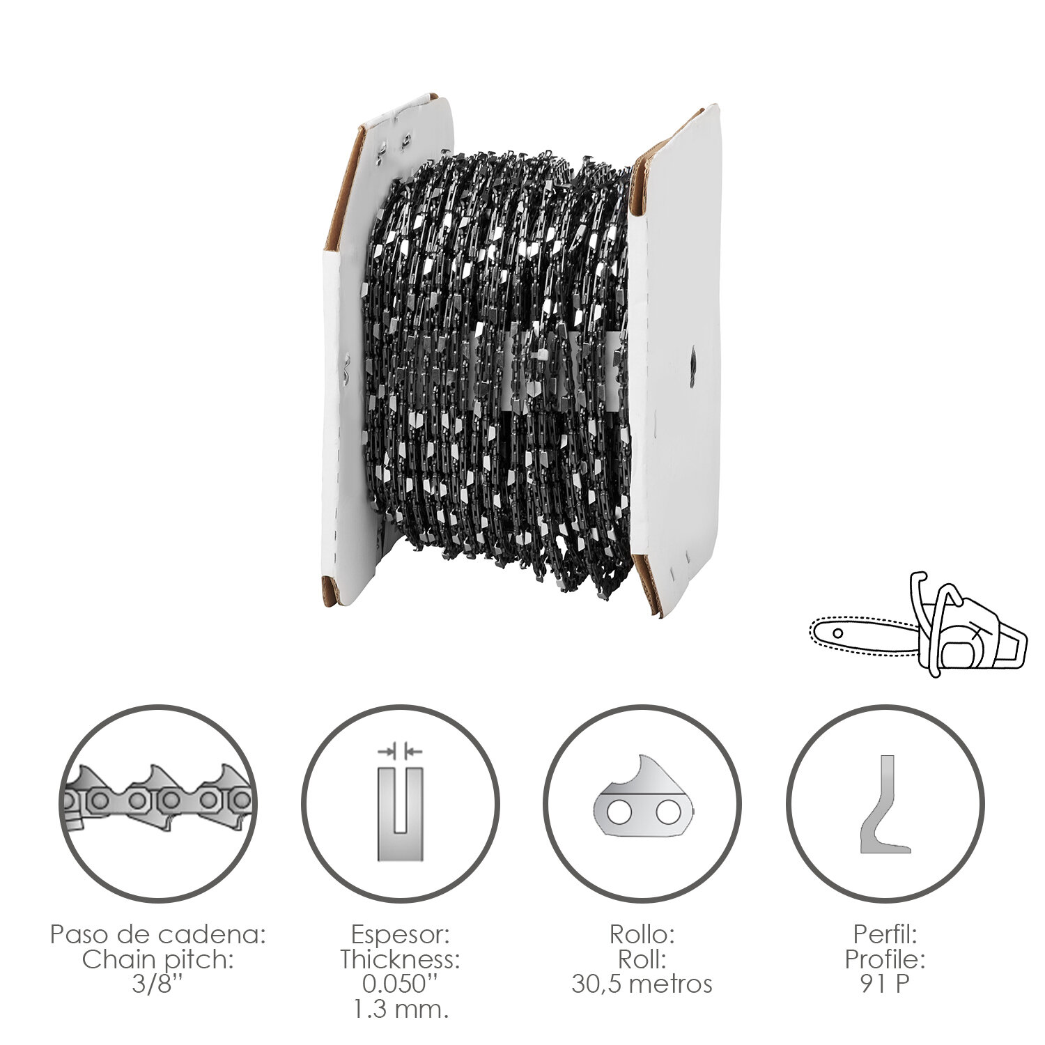 Cadena Motosierra 3/8 Cadena Motosierra 3/8" / 0.050" 1,3 mm. / 91 P / Rollo 30,5 metros.
