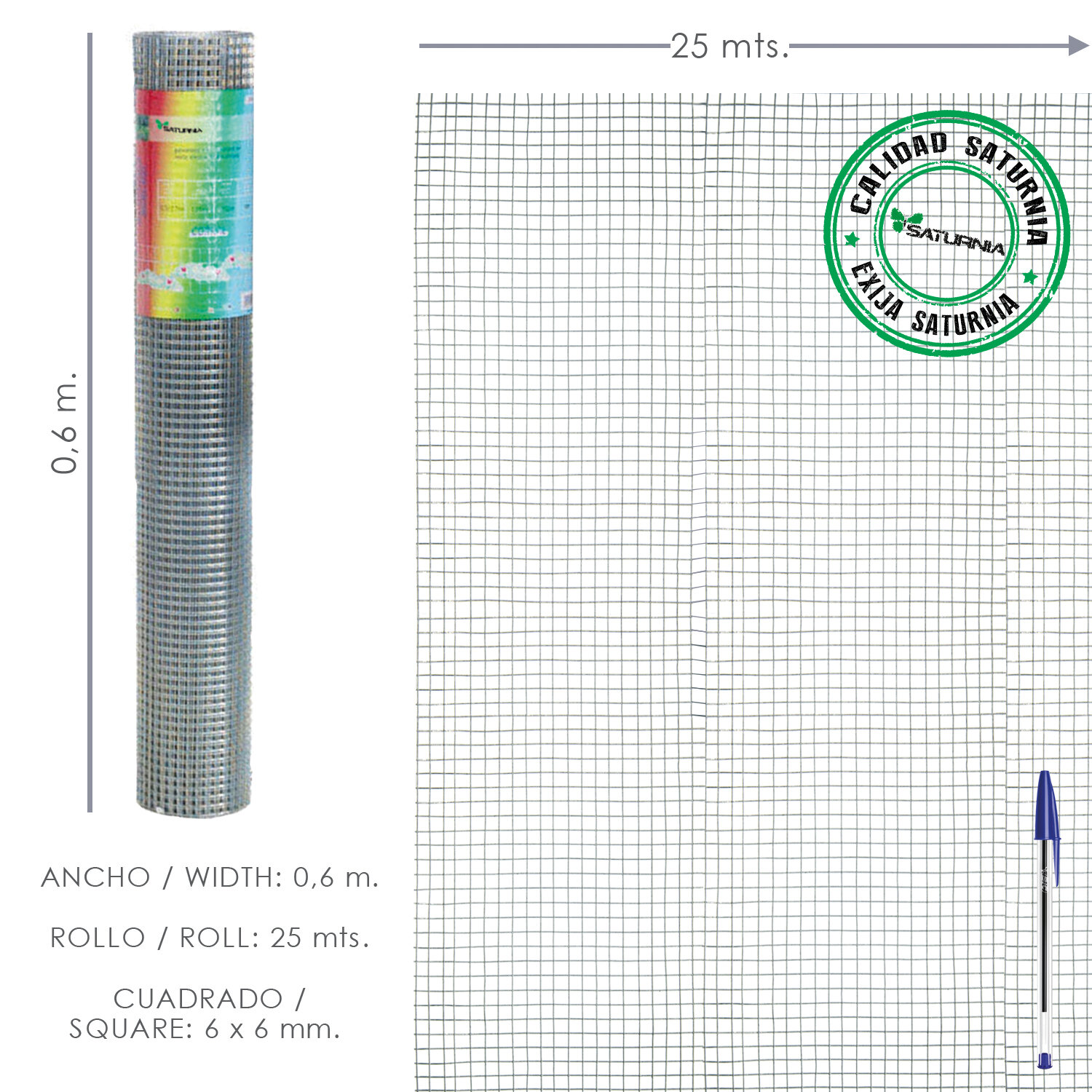 Malla Electrosoldada Galvanizada 6x6 / 60 cm. Rollo 25 Metros Uso Domestico