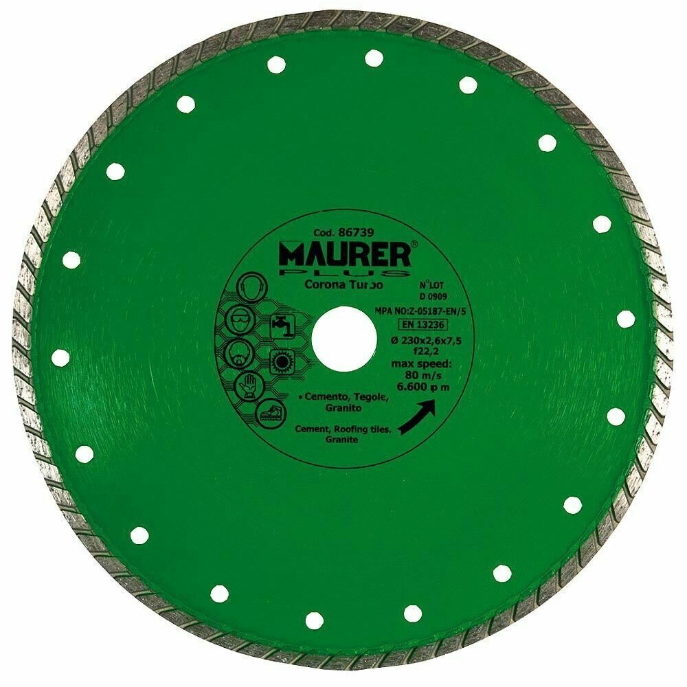 Disco Diamante Maurer Continuo Turbo Cemento, Tejas, Granito 230 mm.